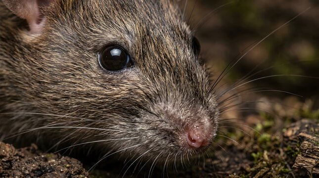 Close up of a brown rats face with dark eyes and whiskers.