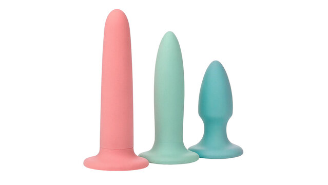 Group of colorful silicone or plastic adult phallus toys for love and romantic intimacy on transparent background
