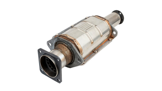Modern metallic silver automotive exhaust pipe silencer resonator component for vehicle muffler line repair on transparent background