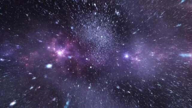 Abstract cosmic explosion transitioning into expansive nebula and interstellar travel, space background.