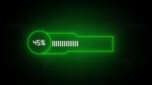 Digital progress bar indicates software installation percentages. Interactive progress bar tracks server processing updates. User interface element with progress bar.