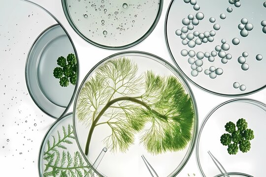 Microscopic view of green algae and cells culture in petri dishes, laboratory scientific research concept