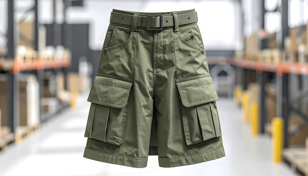 Military midi skirt with oversized cargo pockets and nylon straps hanging in a warehouse featuring olive green ripstop fabric texture generative AI