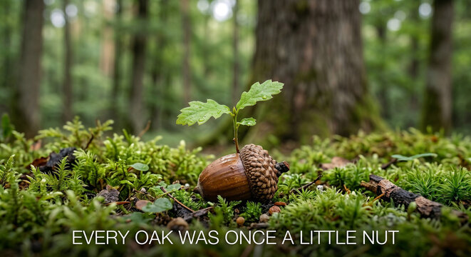 Green sprout emerging from an acorn in hyper-realistic macro style, earthy forest tones, representing the quote &ldquo;EVERY OAK WAS ONCE A LITTLE NUT&rdquo;