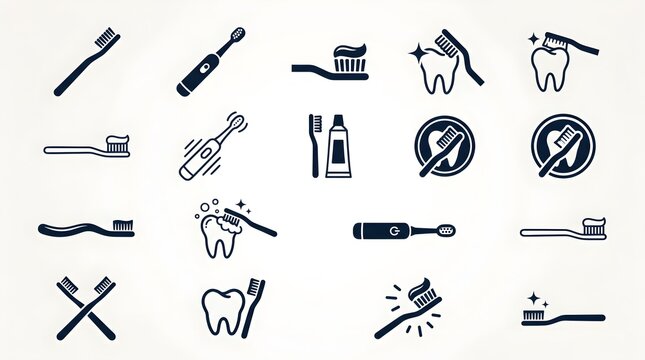  Minimal toothbrush and tooth care icons arranged in a clean grid, featuring manual and electric brushes, sparkling teeth, toothpaste tubes, and no sugar symbols, perfect for modern dental hygie