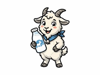 Fototapeta premium Cute Cartoon Goat Character Holding a Bottle of Fresh Goat Milk.