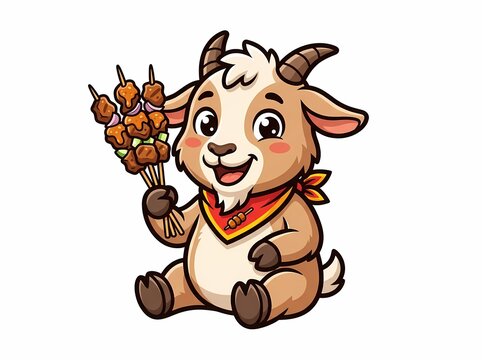 Cute cartoon baby goat holding delicious grilled meat skewers.