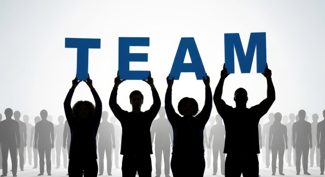 Silhouettes of diverse people holding up blue letters spelling team concept with teamwork