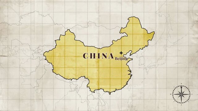 Vintage China Map Animation with Beijing Location on Antique Paper Background