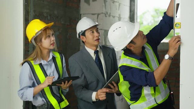 Construction site planning team hard hat and safety vest using level tool for wall alignment inspection, site meeting with engineer worker project manager, safety helmet workplace measuring tool