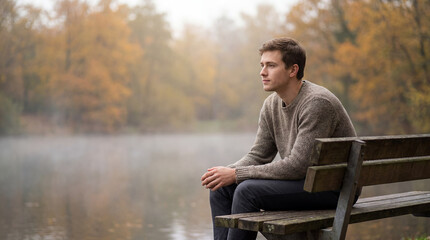 Fototapeta premium lonely man park bench morning reflection mental health stress coping quiet outdoor pause shows a young adult processing thoughts beside water for emotional awareness loneliness and support messaging