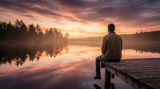 mental health reflection solitude calm lake mindfulness emotional wellbeing selfcare solitary figure sits by still water at dawn suggesting contemplation nervous system rest concept
