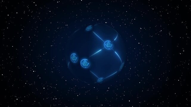 Digital network sphere links global technology systems. Futuristic network sphere transmits international business data. Cloud computing concepts with network sphere.