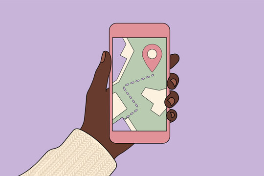 Flat vector illustration of a hand holding a cell phone with a GPS map app