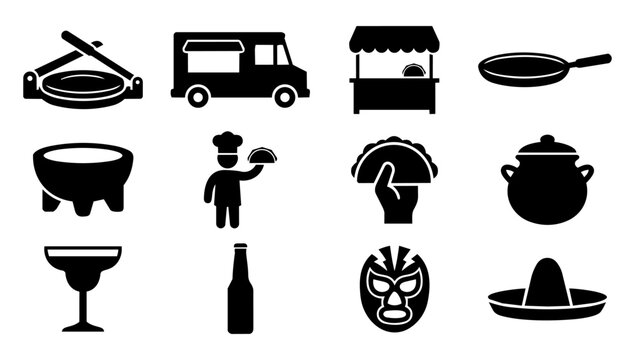 Mexican Street Food Culture and Service Silhouette Icon Set