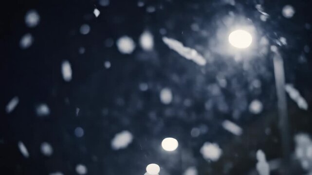 Abstract blurred background of falling snow at night with street lights creating bokeh effect.