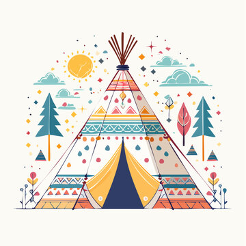 Boho Style Teepee Illustration with Sun and Trees
