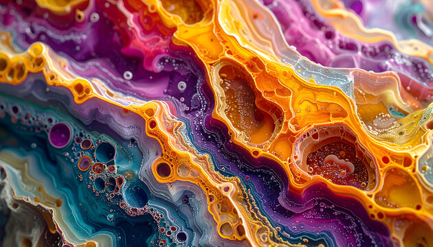 Wine under a microscope looks like a crystalline landscape of tartrates and yeast cells with vibrant colors and abstract scientific patterns generative AI