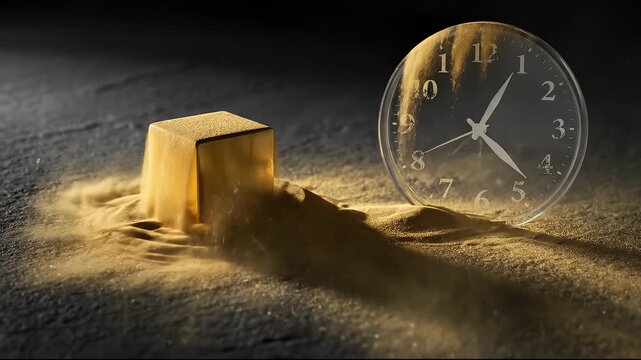 Gold Cube Covered by Sand Near Clock Face