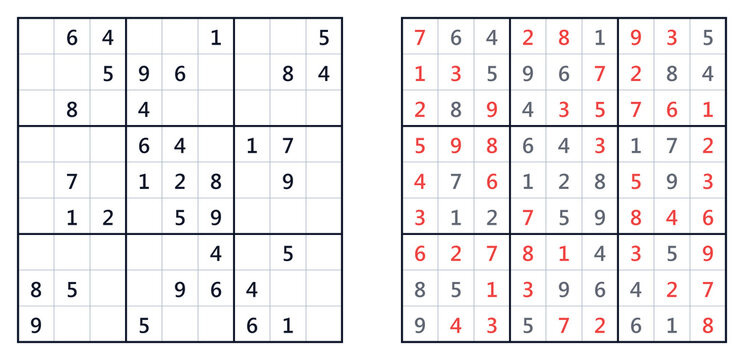 Sudoku puzzle grids with solutions and markings in red  