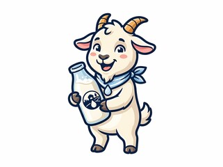 Fototapeta premium Cute cartoon goat holding a bottle of fresh milk.