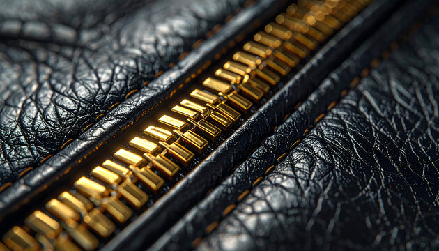 Gold zipper on a black leather jacket being pulled up with intensely sharp metallic reflections and detailed grain in industrial fashion generative AI