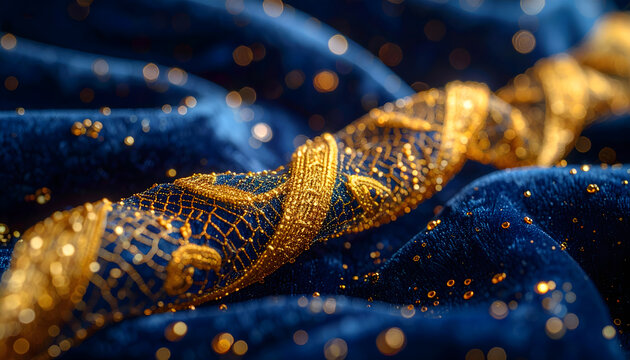 Gold thread embroidery on navy blue velvet with tiny sequins catching light creates a royal aesthetic with rich textures and detail generative AI