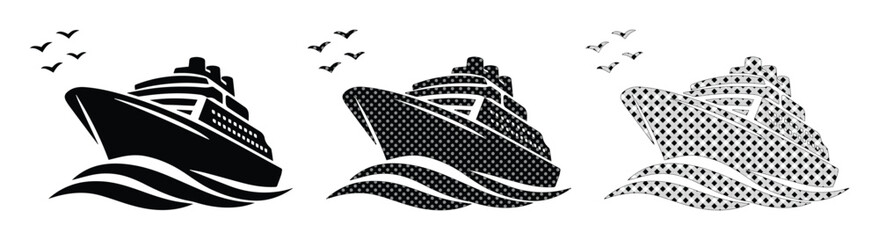 Cruise ship vector icon set, three distinct black and white ocean liner designs with waves and flying birds, perfect for travel, vacation, and maritime themes © Caleb