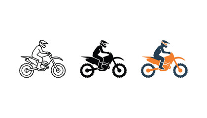 Motocross rider on dirt bike icon set in three styles including outline solid and orange and blue color variations for extreme sports event branding and off-road motorcycle racing graphics © TARU STOCKPLC