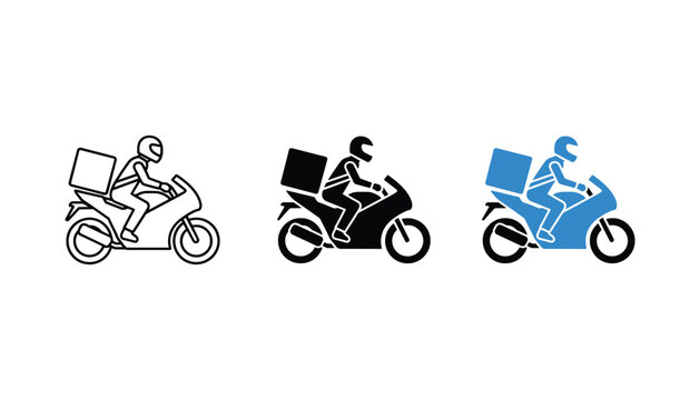 Motorcycle delivery courier icon set in outline solid and blue color styles for logistics and food delivery services