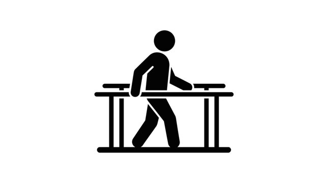 Rehabilitation icon depicts a patient using parallel bars to regain mobility and strength during a medical recovery process.