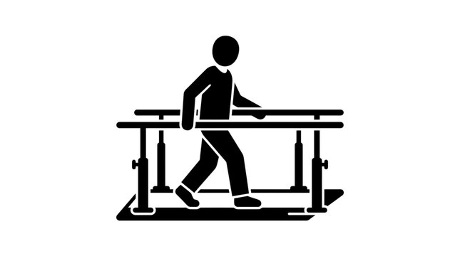 Patient icon utilizing parallel bars depicts the process of physical therapy and rehabilitation for recovery.