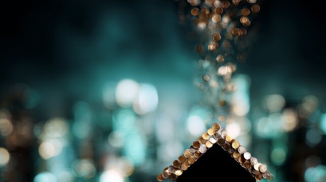 Abstract conceptual photo: floating gold coins arrange themselves into the outline of a house, then additional coins stream upward from the roofline. Bokeh background of city skyline. Cinematic teal-a