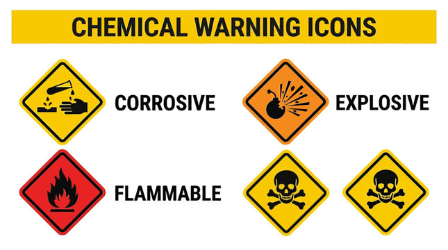 Chemical warning icons display corrosive, explosive, flammable and toxic symbols.
