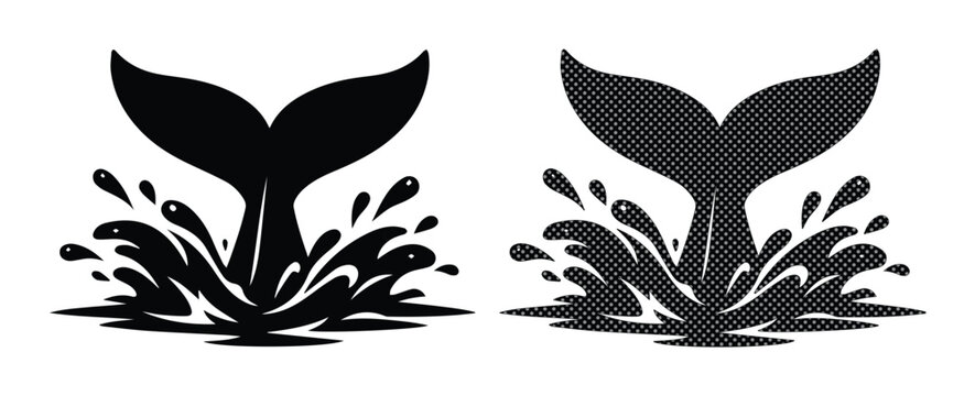 Dynamic whale tail vector illustration, black silhouette of a diving whale fluke with splashing water, two distinct styles for marine life and ocean conservation designs