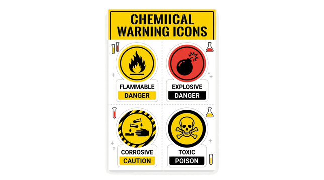 Chemical warning icons with flammable, explosive, corrosive, and toxic symbols on a safety sign