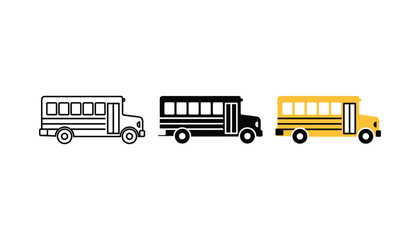 School bus transport icon set featuring classic yellow vehicle in outline solid and flat color vector graphic styles © TARU STOCKPLC