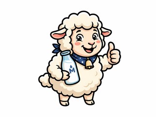 Fototapeta premium Cute cartoon sheep character holding a glass bottle of fresh milk.