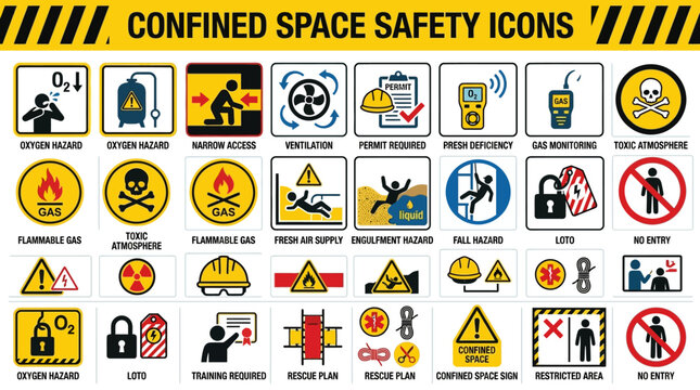 Confined space safety icons depict various warnings and symbols for hazardous conditions and equipment in industrial settings.