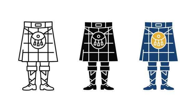 Traditional Scottish kilt outfit icon set featuring plaid pattern and sporran in outline solid and blue color vector styles