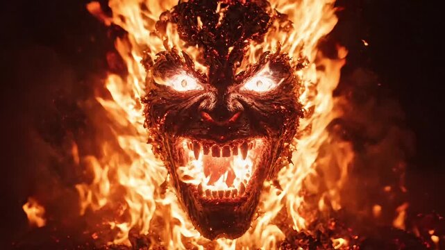 Fiery monster face, blazing flames, angry creature, burning hellish head