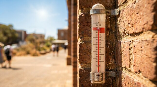 Thermometer on brick wall showing high temperature on a sunny day with blurred people in background