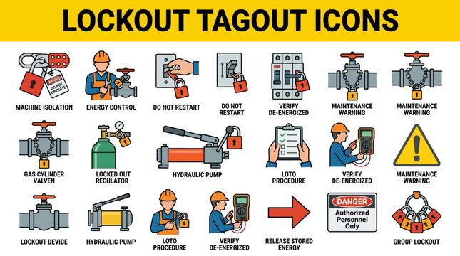 Workers performing various industrial lockout tagout procedures on machines and equipment