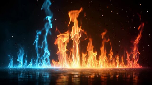 Abstract plasma fire flame blue orange energy reflection dance across dark surface, vivid dual fire line, glowing sparks, mystical atmosphere