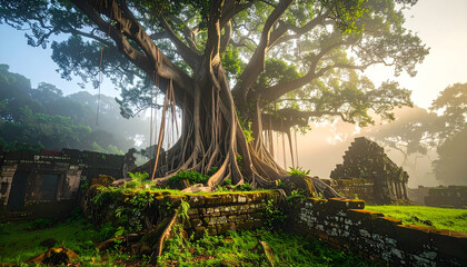 Fototapeta premium Strangler fig tree roots wrapping around stone ruins like giant tentacles with orchids and morning mist in a majestic jungle setting generative AI