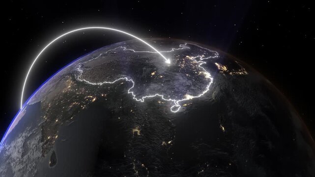 Realistic 3D Earth Night Flight Path Arc from Doha Qatar to Hong Kong China