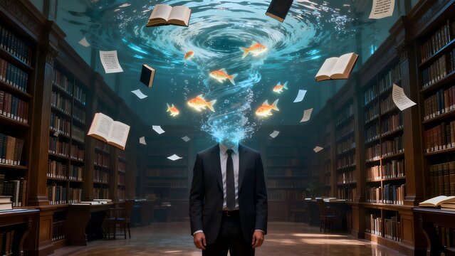 Man in library with books and fish swirling above