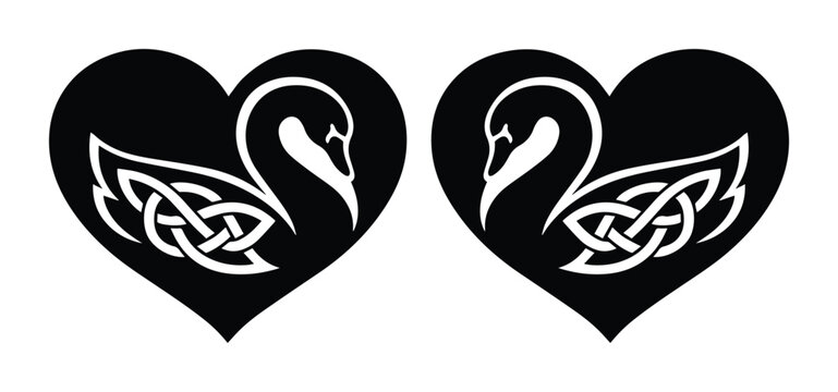 Elegant Celtic Swan Heart Vector Illustration. Black and white romantic swan design with intricate knotwork, perfect for wedding invitations, Valentine's Day, or love-themed graphic projects.