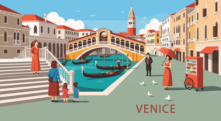 Venice Canal Vector Illustration with Gondolas, Rialto Bridge, and People on a Sunny Day © Purnomo