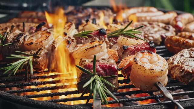 Delicious grill filled with assorted meats and seafood cooking over a roaring open flame with herbs